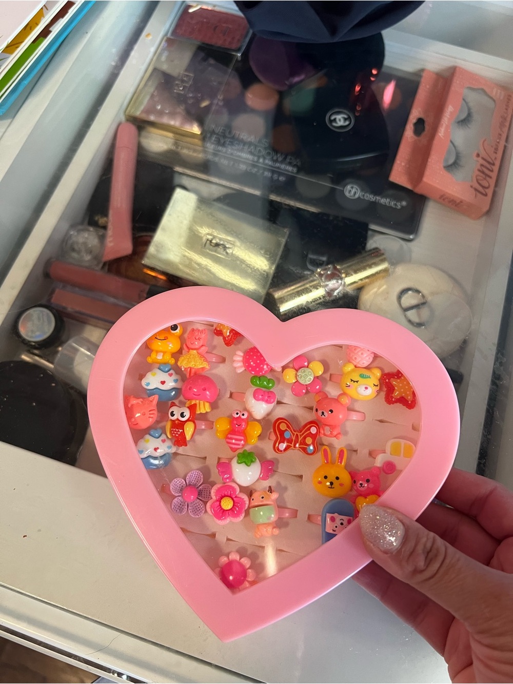 Kids Pink Heart Jewelry Box with Cute Character Rings